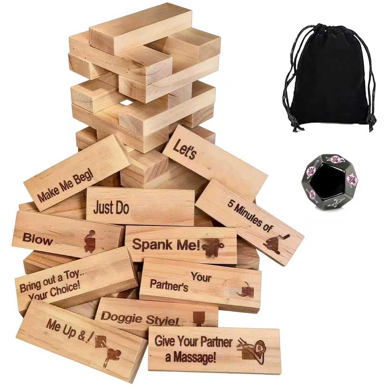 Wsndyjia 48PCS Adults Wooden Lust Tower Game for Couples with Funny Dice and Storage Bag, Tumbling Tower Game for Adults, Valentines Gifts Date Night Dirty Ideas Gifts for Husband Wife