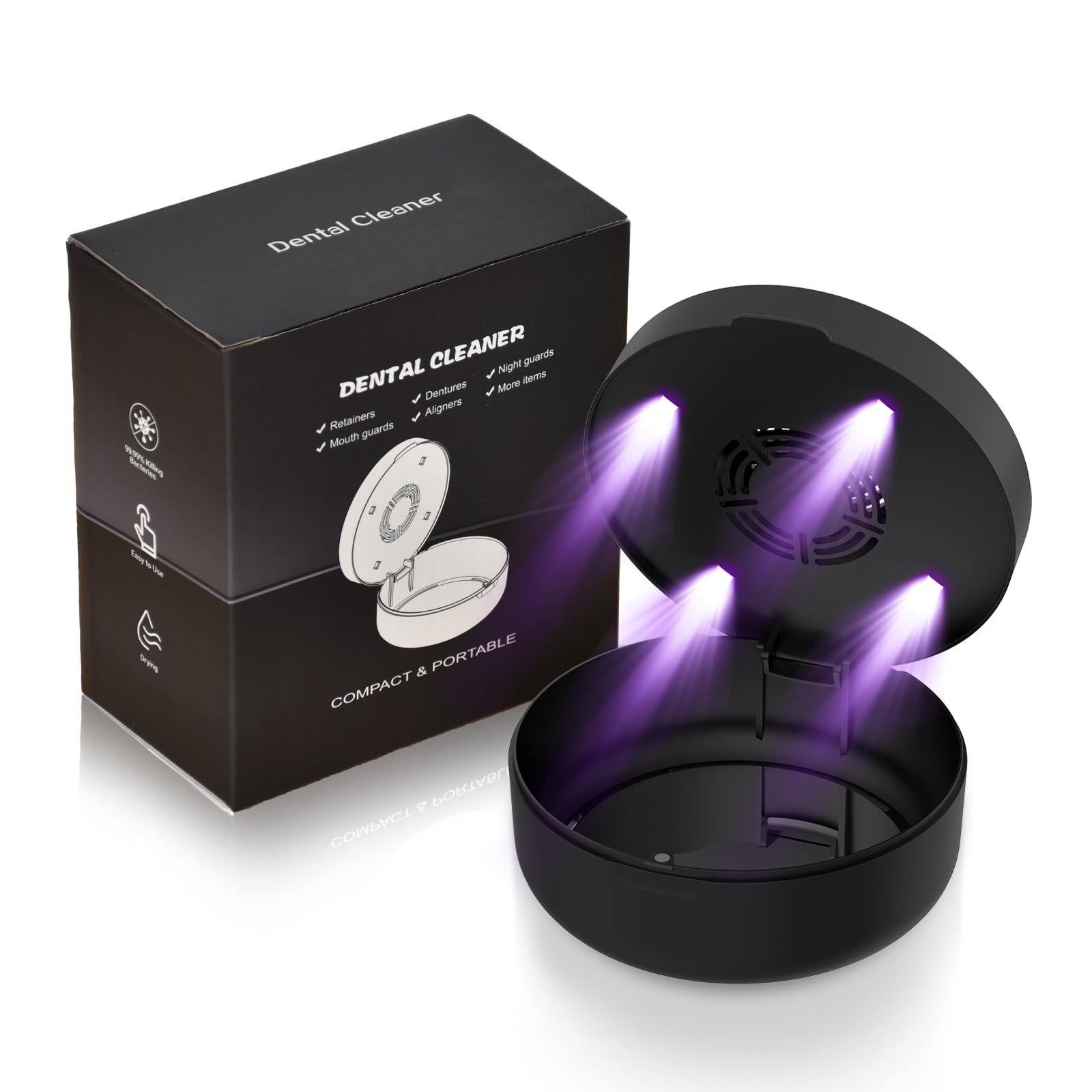 Photo 1 of Voraiya UV Retainer Case with Fan, UVC Retainer Cleaner, Aligner Case Includes Vent Holes and Mirror, Portable Retainer Holder Box for Mouth Guard, Aligners, Night Guard, Black