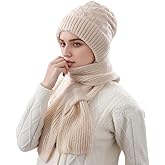 KAOBIO Women Winter Beanie Hats Scarf One-Piece Fleece Lined Warm Knit Ear Protection Integrated Hooded Scarf Cap