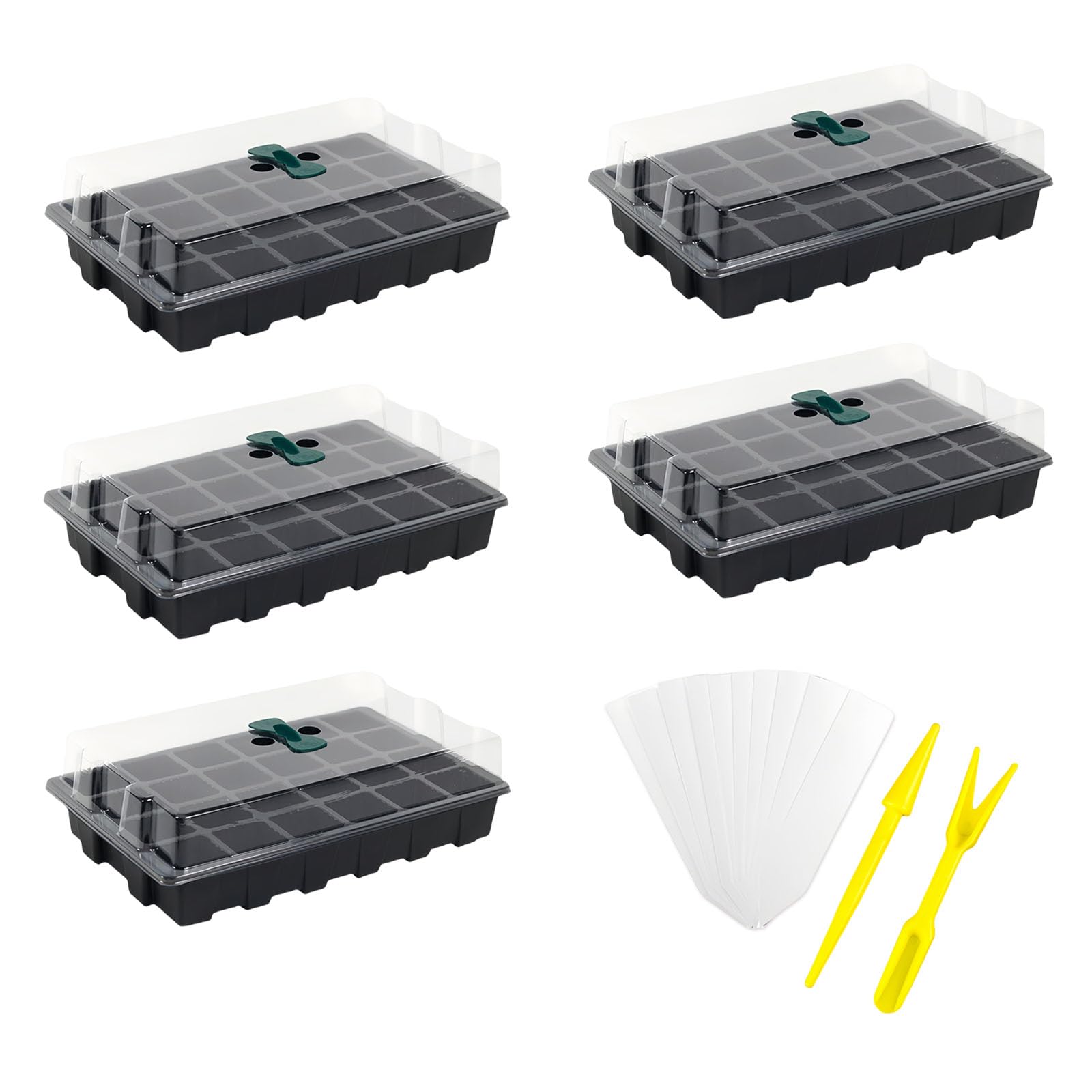 Danolt 5 Pack 120 Cell Seed Trays for Seedlings, Propagators, Seed Trays with Lids, Includes 10 Pcs Plant Labels and 2 Pcs Tools