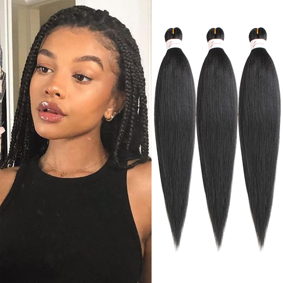 Kachanaa 20 Inch Pre Stretched Braiding Hair 3 Packs EZ Braids Yaki Hot Water Setting Kanekalon Hair for Braiding Yaki Texture Pre Stretched Braiding Hair Extensions 1B#