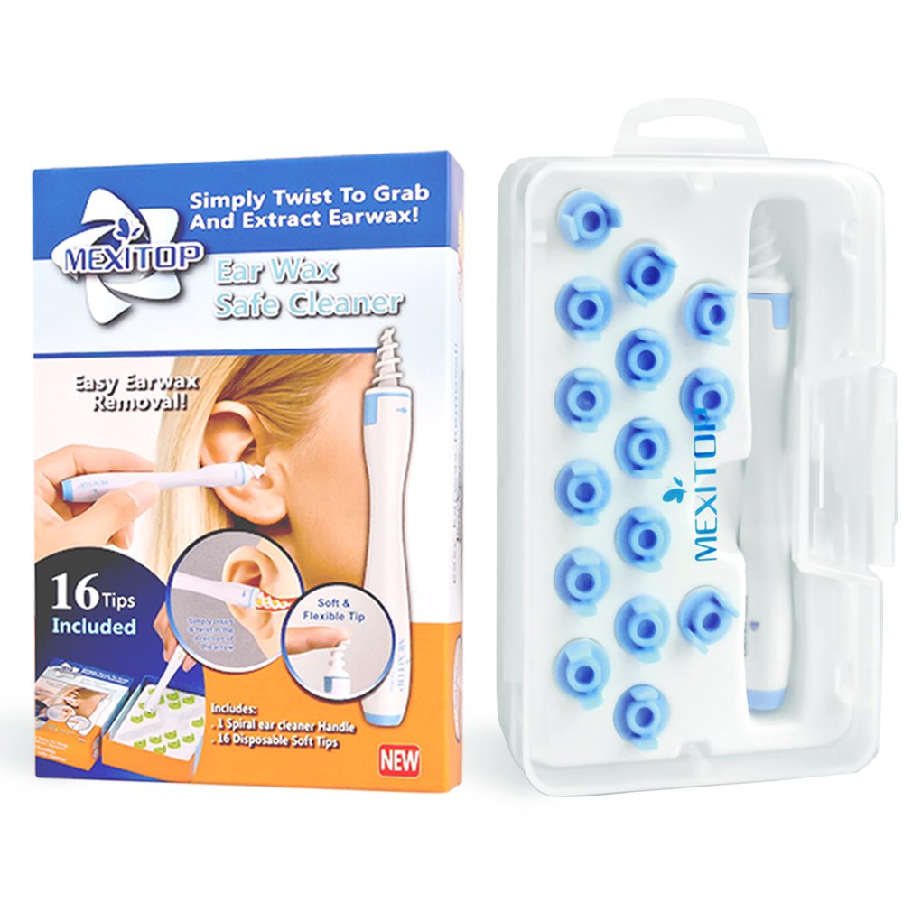 Ear Wax Cleaner - MEXITOP 16 New-Designed Replacement Tips, Ear Pick Spiral Improves the Effect of Ear Wax Removal Drop + Bonus Noise Canceling Ear Plugs, Blue (Upgraded Version)