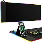 Mouse Pad with Phone Holder, Wireless Charging Desk Mat, RGB Gaming Mousepad Home Office Large Desk Pad with Ultra-Smooth Surface, Non-Slip Base, Waterproof Keyboard Pad, Classic Black Desk Mat