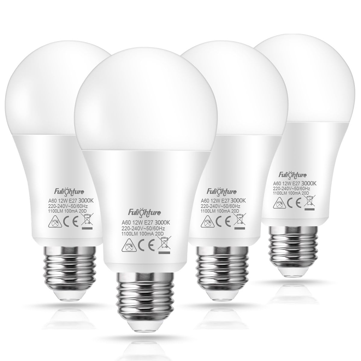 Fulighture E27 Edison Screw Light Bulbs, Ultra Bright 1100lm, A60 Led Bulbs, for Bedroom Living Room Bedroom, Non-dimmable, Pack of 4(6000K Cool White)