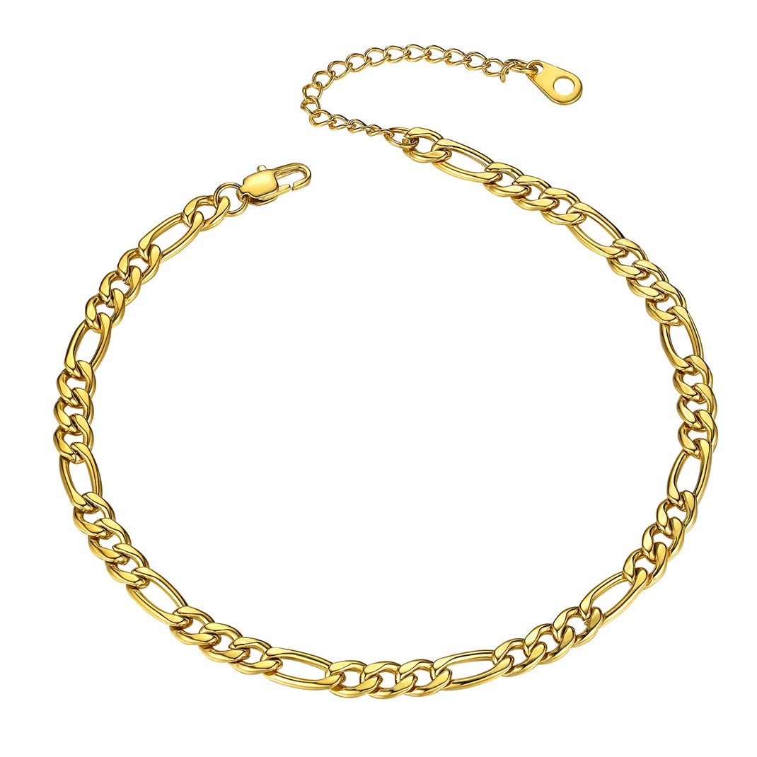 GoldChic Gold Figaro Anklet Chain, Women's Anklet Bracelet Foot Jewellery, 5mm Flexible Fit