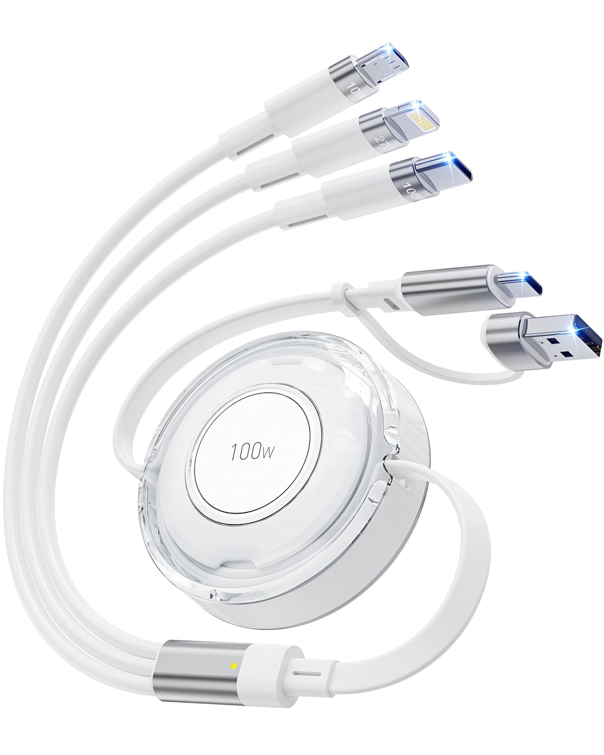 Photo 1 of 100W 5-in-1 Retractable Multi Charging Cable, Retractable USB C and Lightning Fast Charging Cables for Multiple Devices Compatible with iPhones, iPads, Tablets, Galaxy, Note & More - 4Ft/1.2M, White