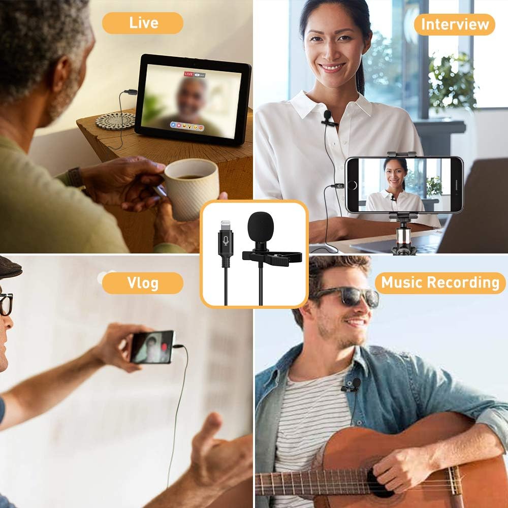 Microphone Professional for iPhone Lavalier Lapel Omnidirectional Condenser Mic Phone Audio Video Recording Easy Clip-on Lavalier Mic for Youtube, Interview, Conference for iPhone/iPad/iPod（IOS 6.6ft）: Musical Instruments