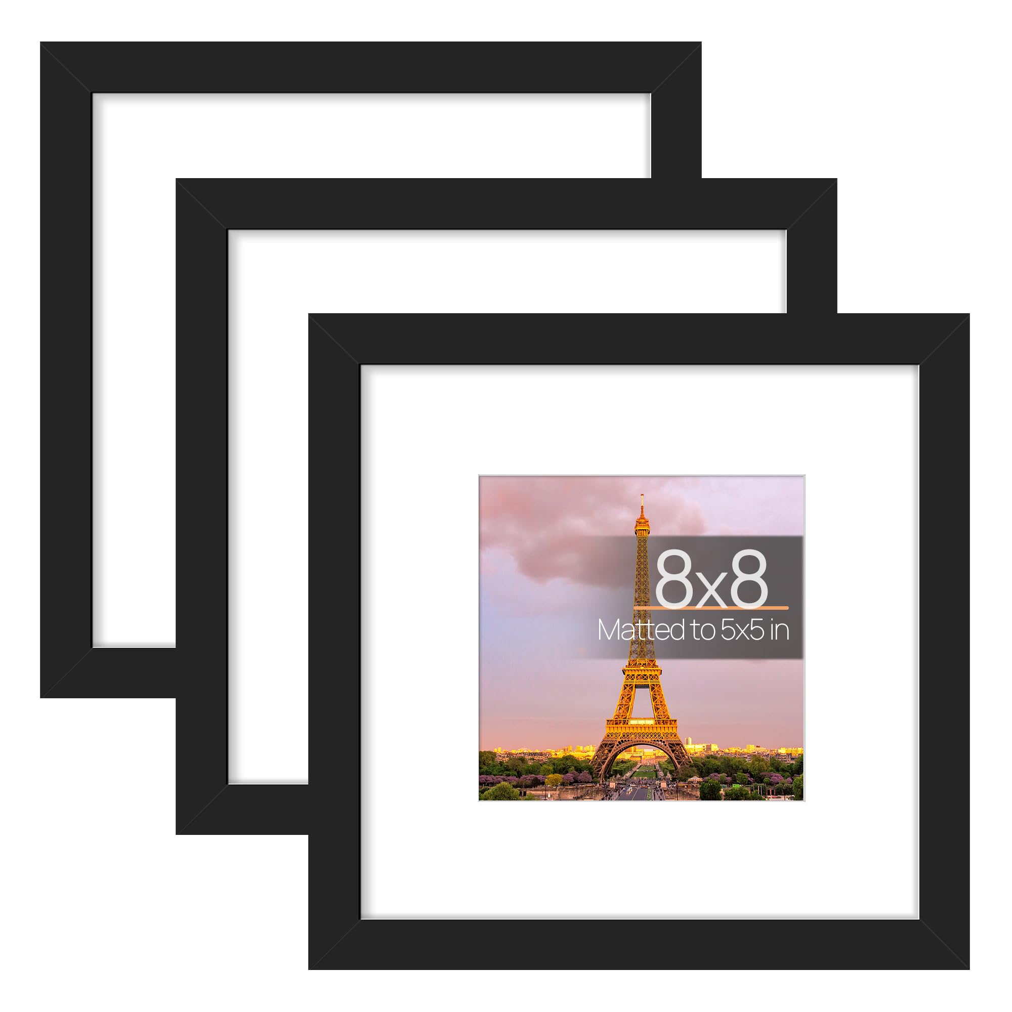Photo 1 of upsimples 8x8 Picture Frame Made of High Definition Glass, Display Pictures 5x5 with Mat or 8x8 Without Mat, Gallery Wall Frame Set, Black