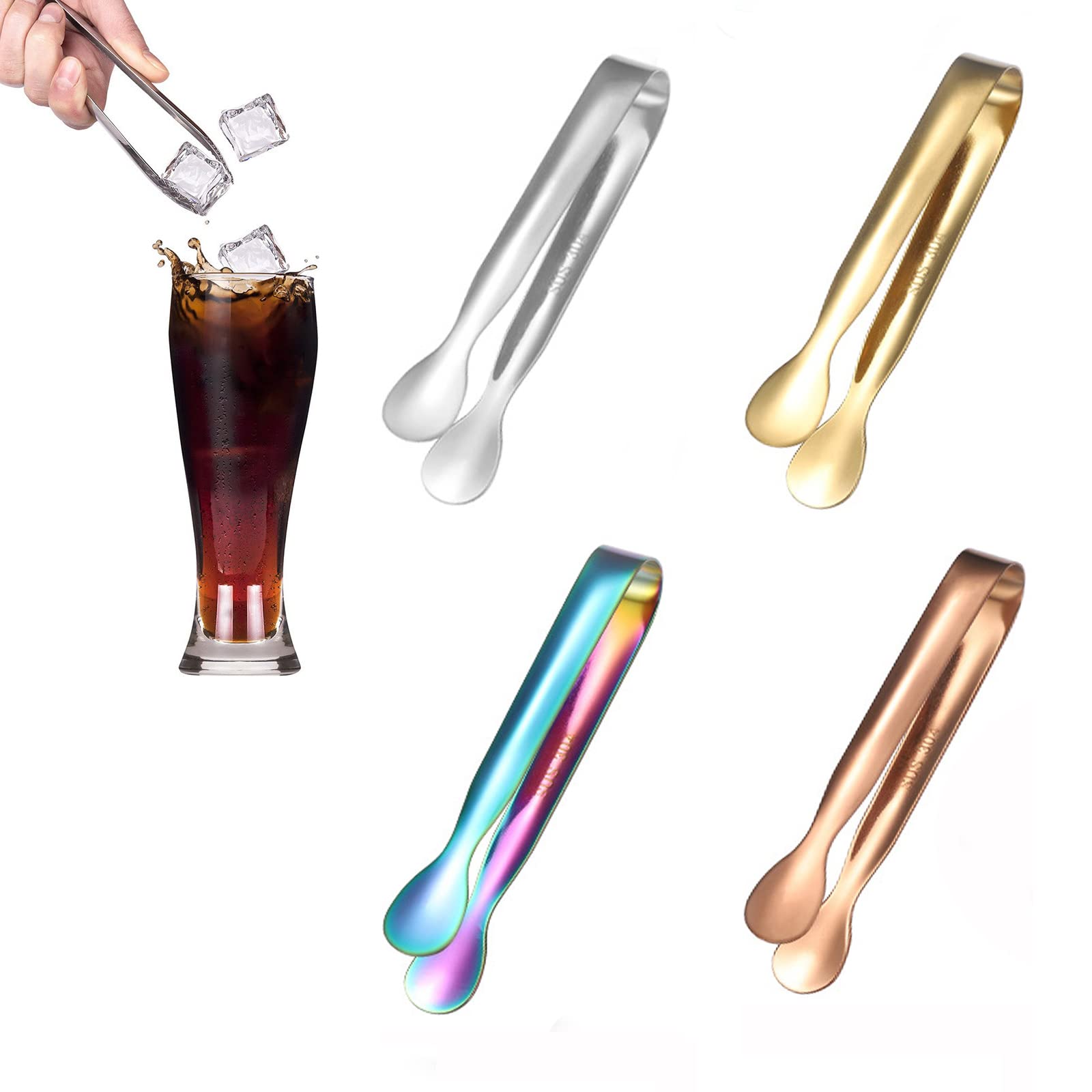 SHULLIN 4 Pieces 11 cm Stainless Steel Sugar Tongs Ice Tongs Candy Salad Ice Cube Tongs Gold Serving Tongs for Wedding Party Bar Buffet Grill (Silver Gold Rose Gold Rainbow Colours)