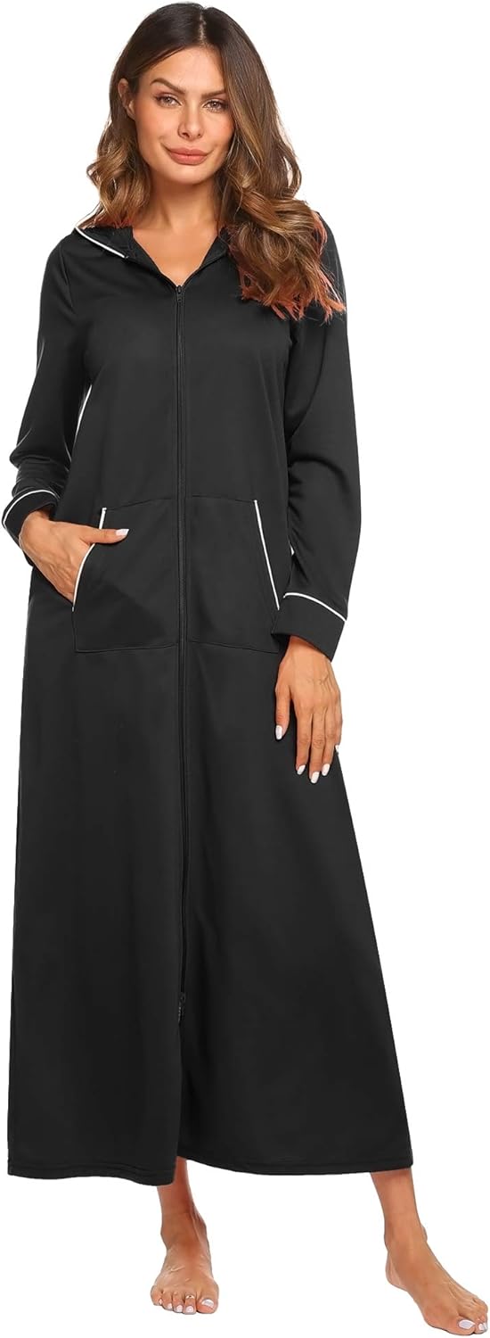 Ekouaer Long Sleeve Robe Cotton Nightgowns With Hood Zipper