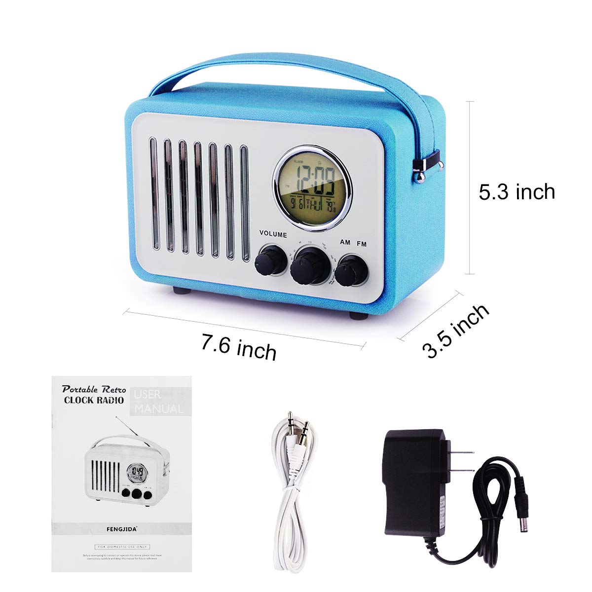 Retro AM/FM Radio, Portable Alarm Clock Radio with LCD Screen, External Antenna, Wooden Speaker Blue Leather Cover(Blue)