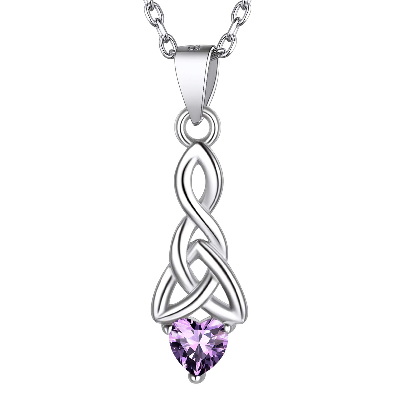 Suplight 925 Sterling Silver Birthstone Celtic Necklace, Amethyst February Necklace, Womens Birthstone Jewelry, Irish Triangle Tranquility Knot Necklace for Women
