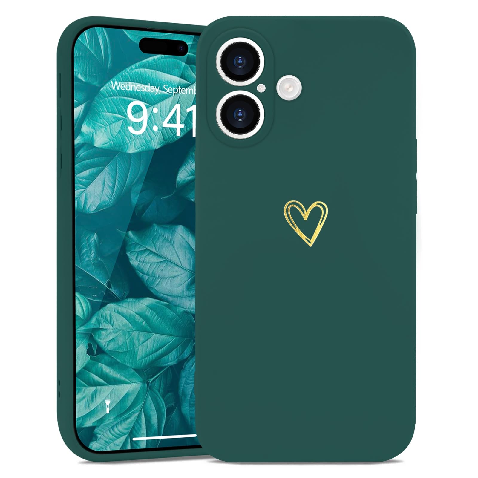 Wirvyuer for iPhone 16 Case Cute Heart Pattern Soft Shockproof Protective Silicone Phone Case for Women Girls, Green — image 1