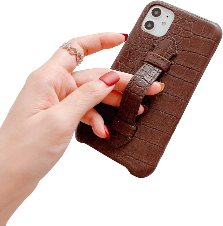 QYAYQ Case Leather Texture for iPhone 11/11 Pro/11 Pro Max with Finger Strap Scratch-Resistant Shockproof Slim Kickstand Phone Case,Brown,11 PRO