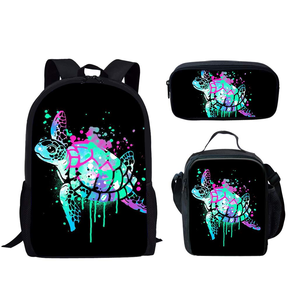 Coloranimal Colorful Ocean Sea Turtle Pattern Children Backpack 3piece Set Adjustable Kids Satchel School Bag Big Capacity Bookbag with Lunch Bag Pencil Case