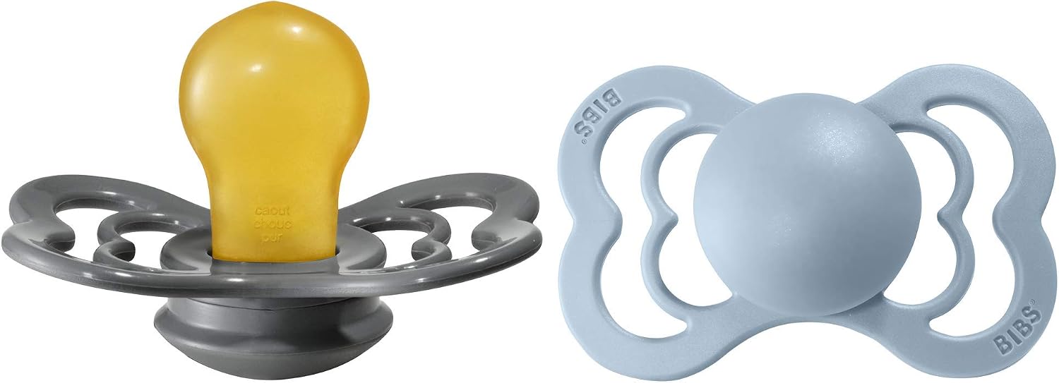 BIBS Supreme Soother 2-Pack, BPA Free Dummy Pacifier, Symmetrical Nipple. Natural Rubber Latex, Size 2 (6-18 Months), Iron/Baby Blue