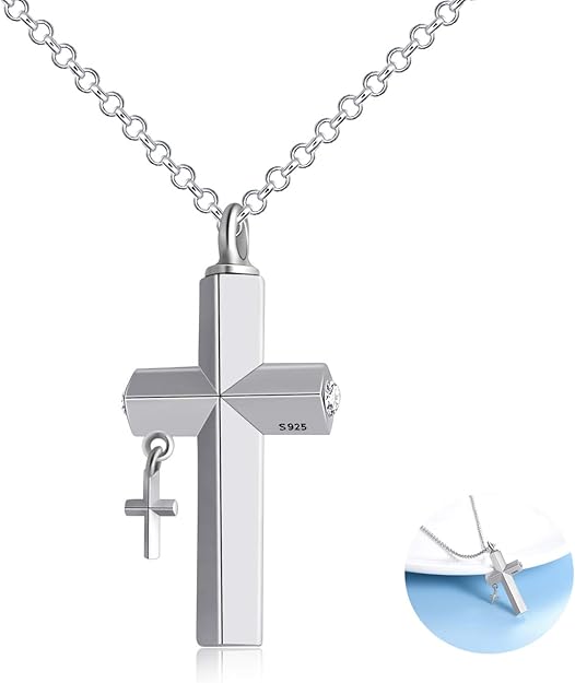 AOBOCO 925 Sterling Silver Urn Cross Pendant Cross for Ashes Cremation