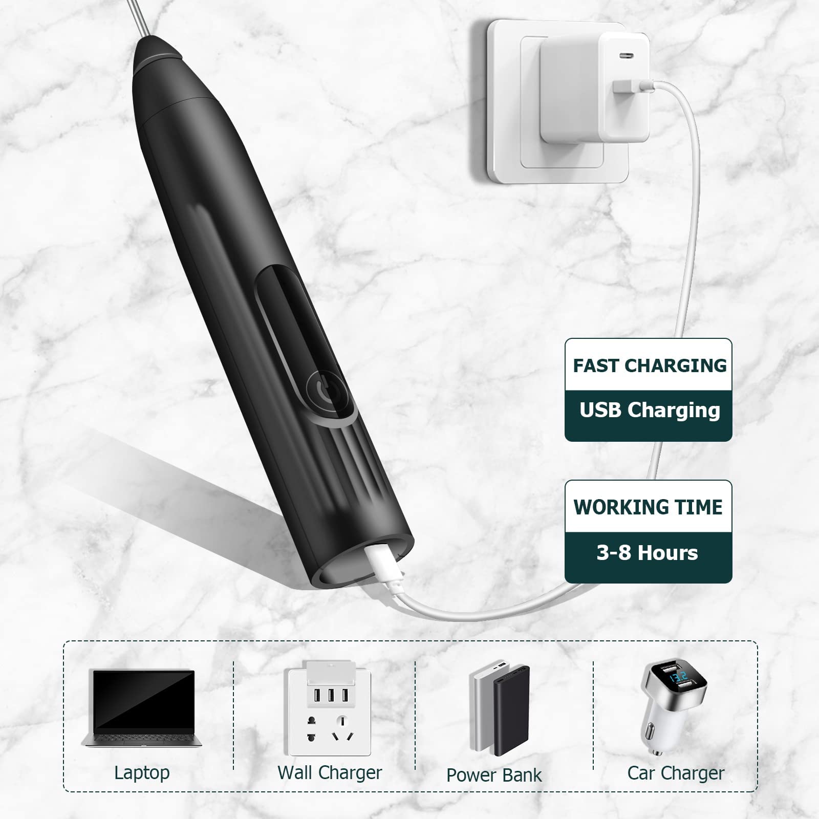 milchaufschäumer elektrisch stab,USB wiederaufladbar ​milchschäumer,melektrischer schneebesen 3 einstellbare geschwindigkeiten edelstahl für kaffee cappuccino latte heiße schokolade (Schwarz) 6