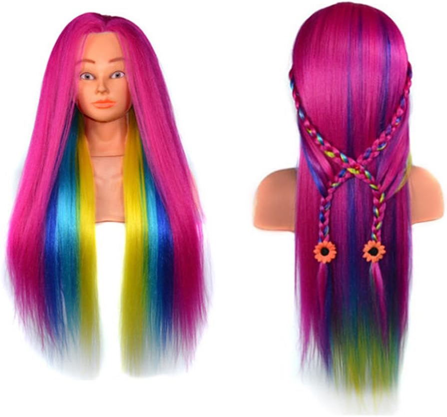 CNicehair 24" Colorful Mannequin Head Training Head Synthetic Hair Manikin Cosmetology Doll Hairdressing Practice (Table Clamp Stand Included) rose-4s