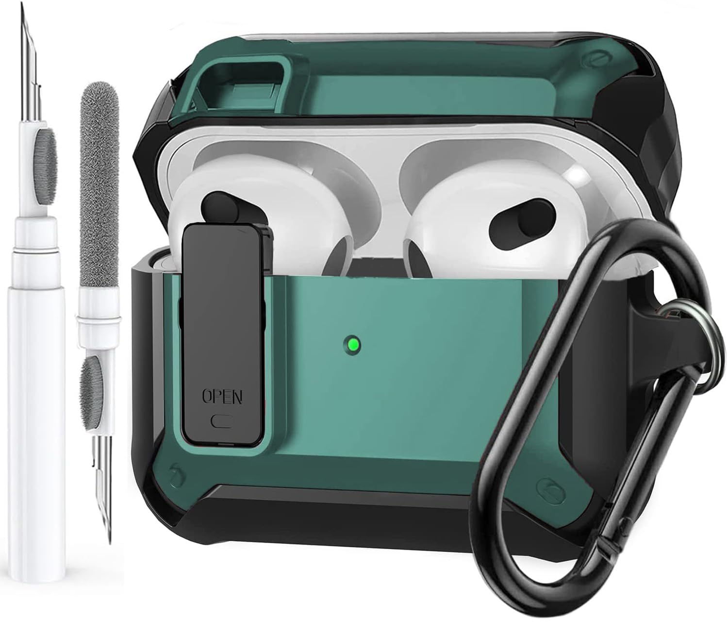 Photo 1 of Olytop AirPods 3rd Generation Case with Lock Lid, Full-Body Rugged AirPod Gen 3 Shockproof Case Armor Protective Skin Cover Men with Carabiner for iPod Airpods 3rd Gen-Black/Green
