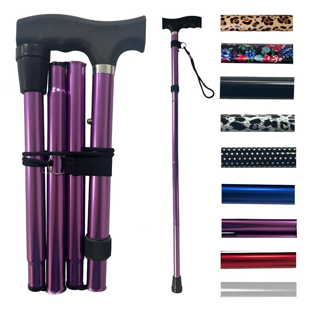 Life Healthcare Folding Walking Stick–Adjustable Height Lightweight Aluminium Cane for Elderly Disabled Men & Women–Non-Slip Rubber Tip Ergonomic Handle & Travel-Friendly Design (Purple)