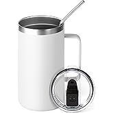 Volhoply 24oz Insulated Coffee Mug with Lid and Straw, Stainless Steel Travel Mugs with Handle, Double Wall Vacuum Leak Proof Coffee Tumbler Cup (White,1)