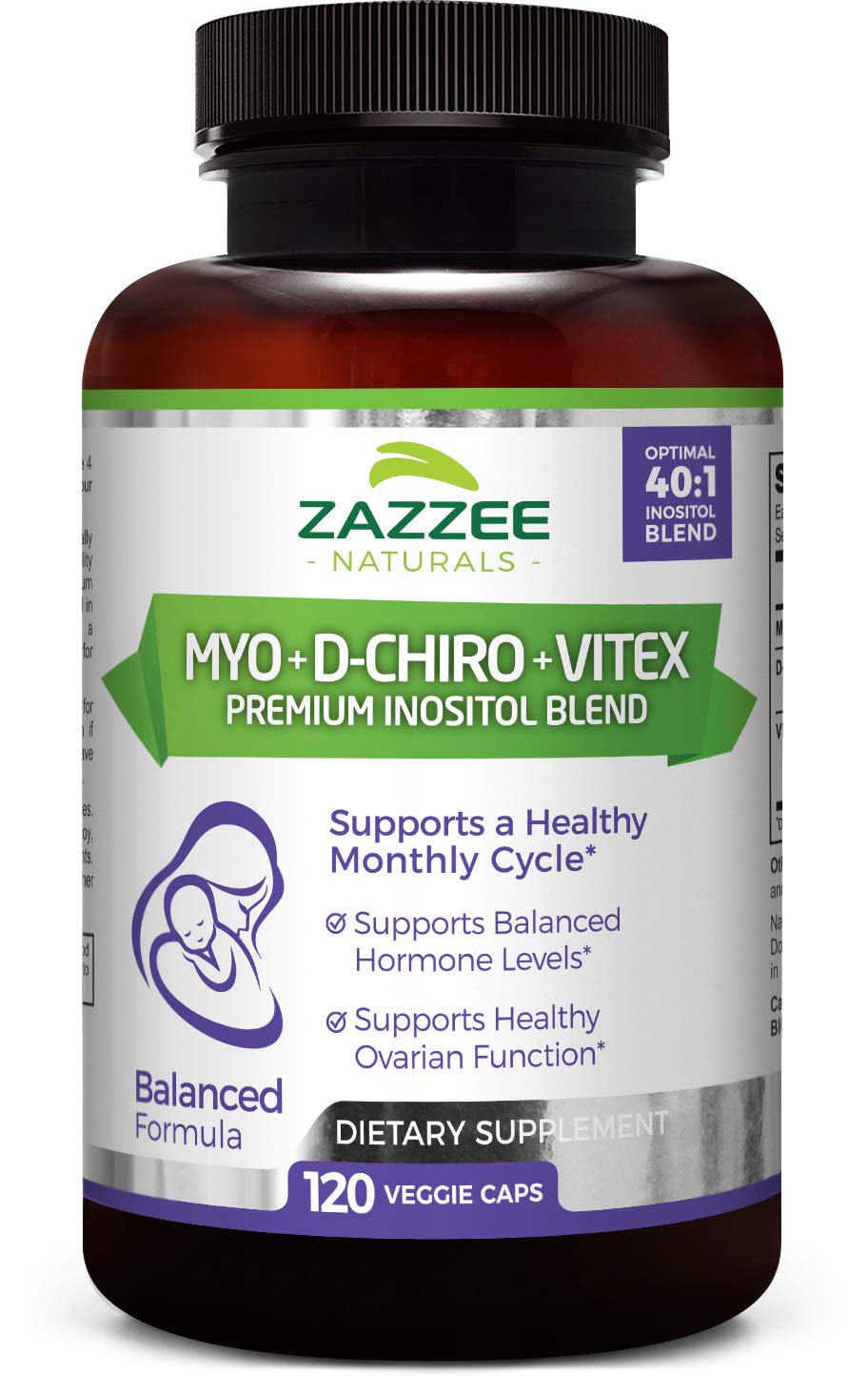 Zazzee Myo-Inositol + D-Chiro + Vitex, 120 Veggie Capsules, Optimal 40:1 Inositol Ratio, with 500 mg Vitex, Vegan, Non-GMO and All-Natural, Supports Healthy Ovulation and a Regular Cycle