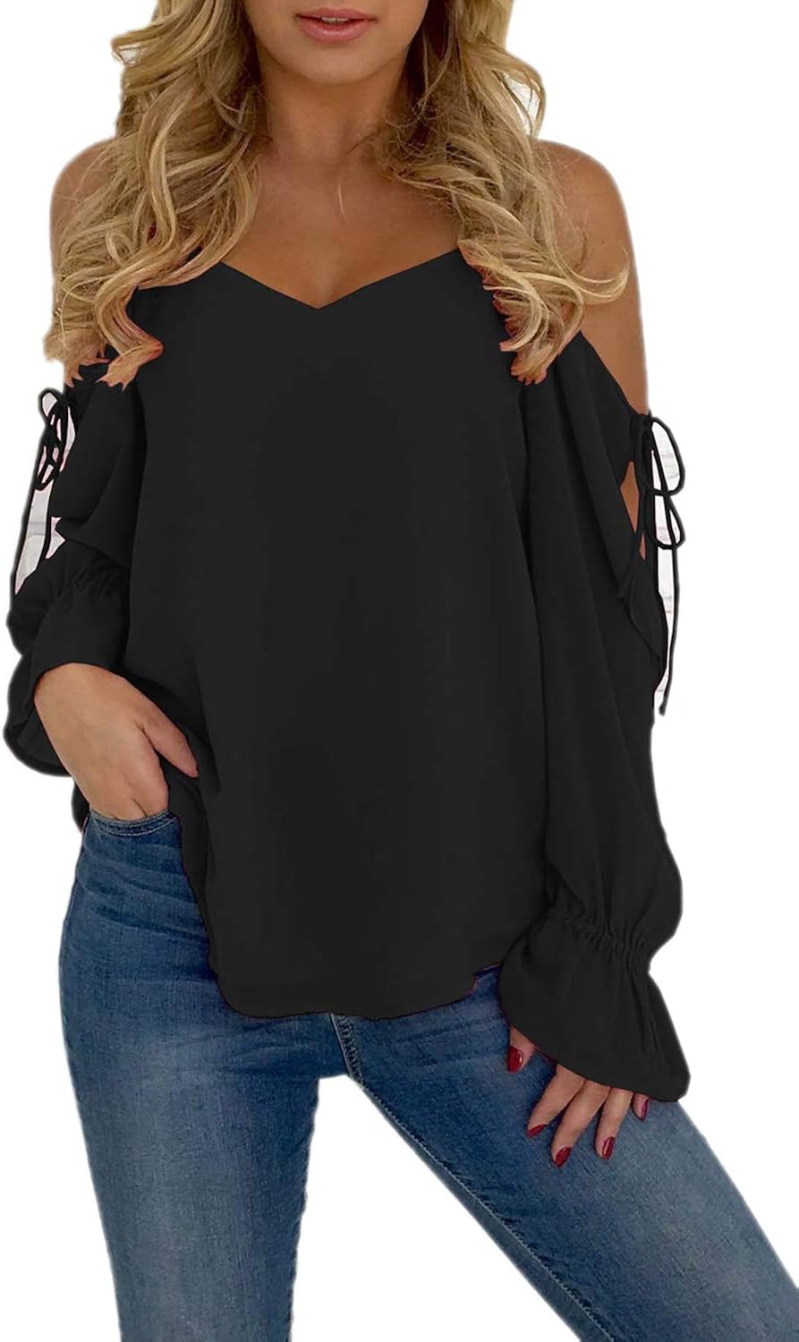 Women Blouses Casual Cold Shoulder Long Sleeve Chiffon Lace Up Top Tee Amazon.co.uk Clothing