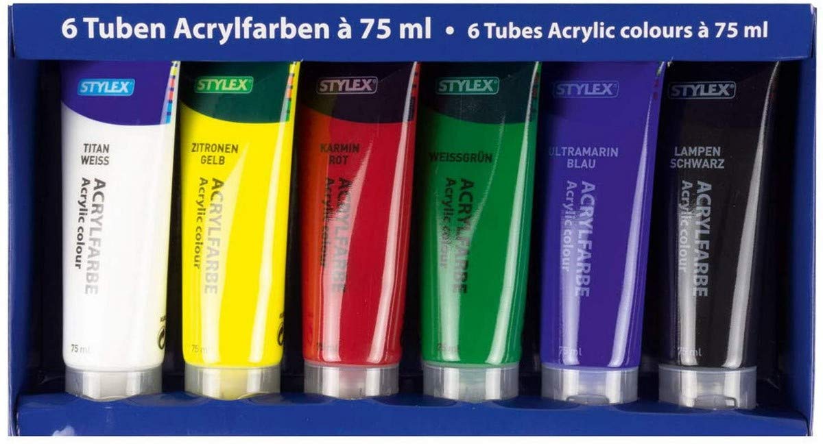 Stylex 28653 Acrylic Paint Set 6 Tubes of 75 ml Water-Based Matte High Coverage and Colour Strength Light-Resistant Quick-Drying and Waterproof