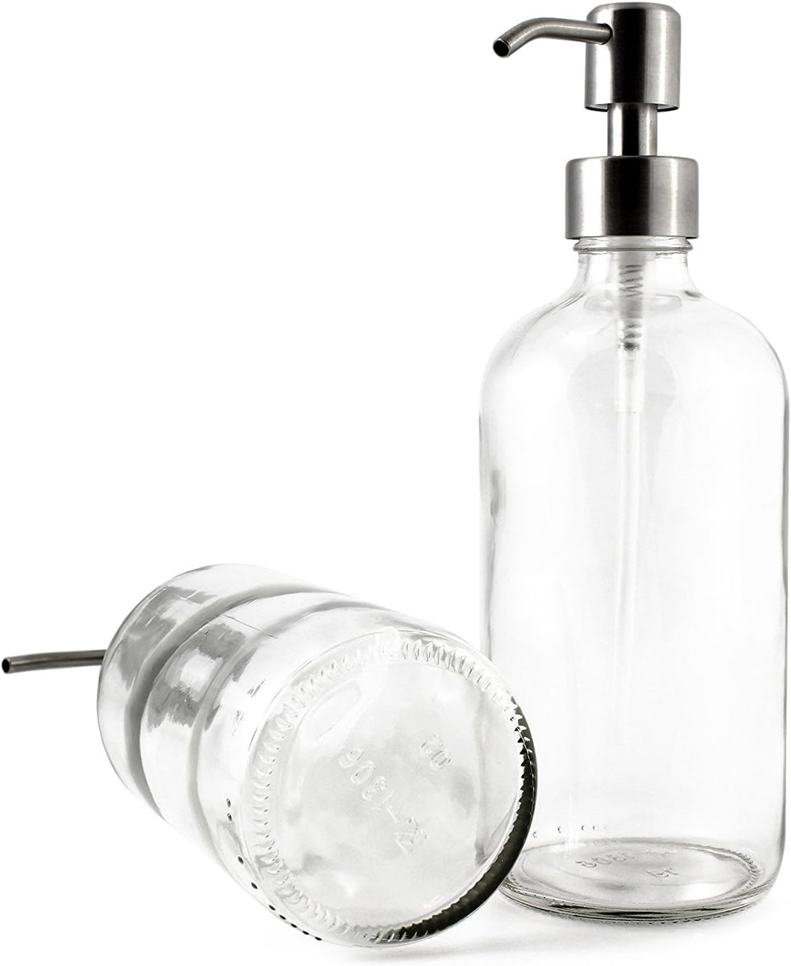 Cornucopia Brands 16-Ounce Clear Glass Boston Round Bottles w/Stainless Steel Pumps (2 Pack), Soap Dispenser Great for Essential Oils, Lotions, Liquid Soaps: Home & Kitchen