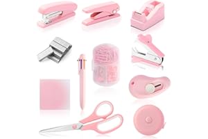 KOGCMEETL Pink Desk Accessory Kit Cute Office Supplies Set Desktop Stapler Set Includes Staple Remover Hole Punch Tape Dispenser Ballpoint Pen Scissor Mini Box Cutter Tape Measure Paper Clips Sticky Notes