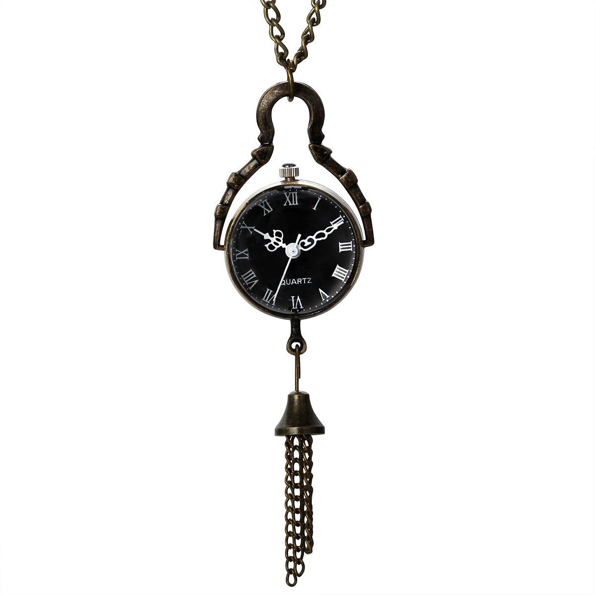 JewelryWe Vintage Retro Black Dial Quartz Ball Glass Pocket Watch Necklace 31.5 inch Chain Steampunk (Gift Bag)