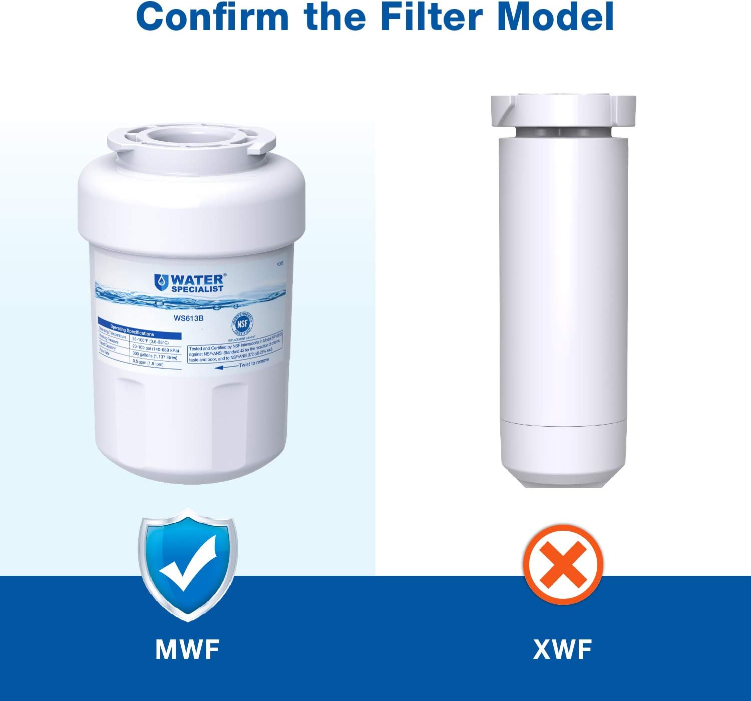Waterspecialist MWF Refrigerator Water Filter, NSF Certified, Replacement for GE SmartWater MWFP, MWFA, GWF, HDX FMG-1, WFC1201, GSE25GSHECSS, PC75009, RWF1060, 197D6321P006 (Pack of 2): Home Improvement
