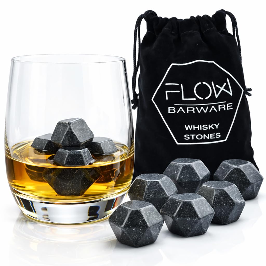 FLOW Barware Whiskey Stones | Polished Diamond Shaped Whisky Cubes | 9x Whiskey Stones Gift Set For Men Dad, Fathers Day | Keep Rum & Single Malt Chilled & Undiluted With These Cooling Whisky Rocks