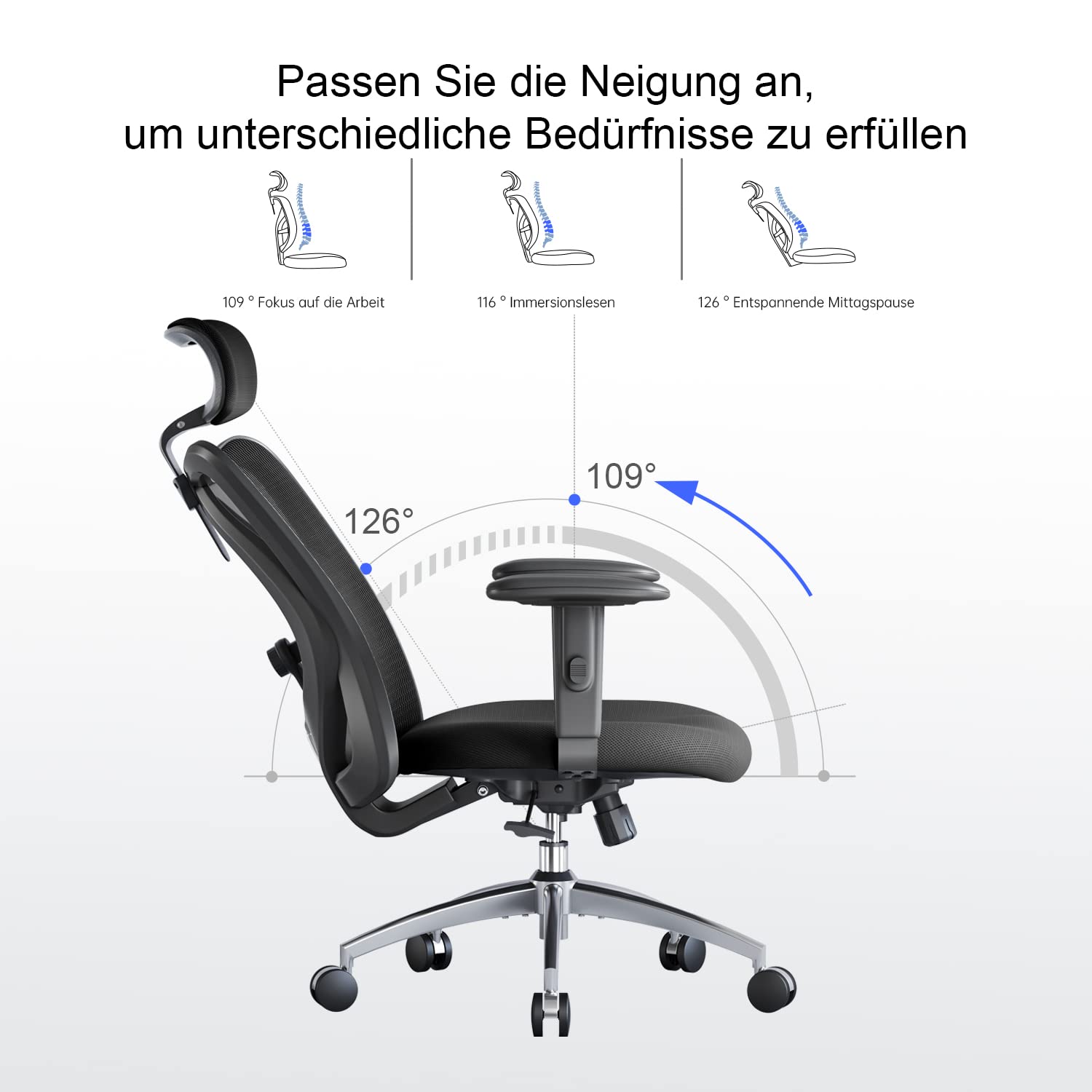 SIHOO Bürostuhl Ergonomischer Schreibtischstuhl, Drehstuhl hat Verstellbarer Lordosenstütze, Kopfstütze und Armlehne, Höhenverstellung und Wippfunktion, Rückenschonend, Bis 150kg/330LB Belastbar 5