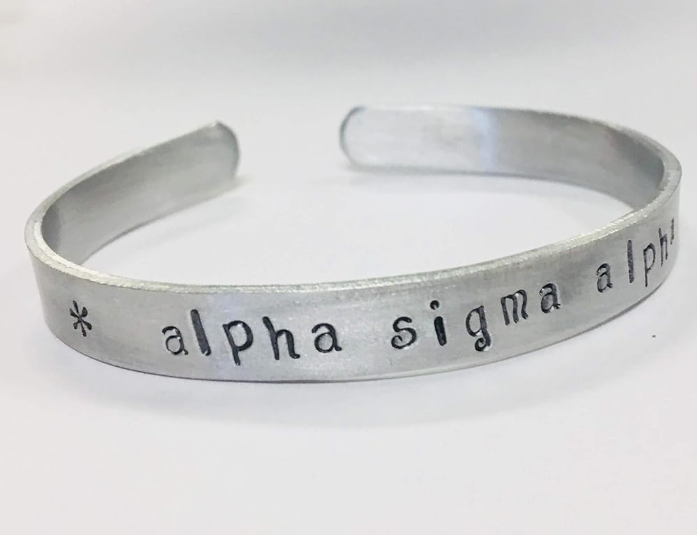 Alpha Sigma Alpha Cuff Bracelet handstamped in a whimsical font on a non tarnish