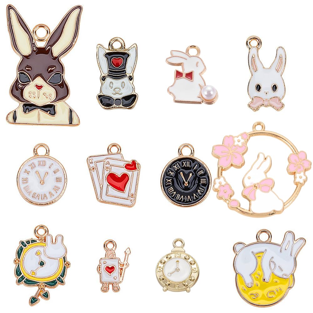 SUNNYCLUE 1 Box 24Pcs 12 Styles Easter Alice Pendants Gold Plated Rabbit Bunny Alarm Clock Poker Card Cartoon Fairy Tales Enamel Charms for Jewellery Making Crafts DIY Easter Day Gifts Accessories — image 1