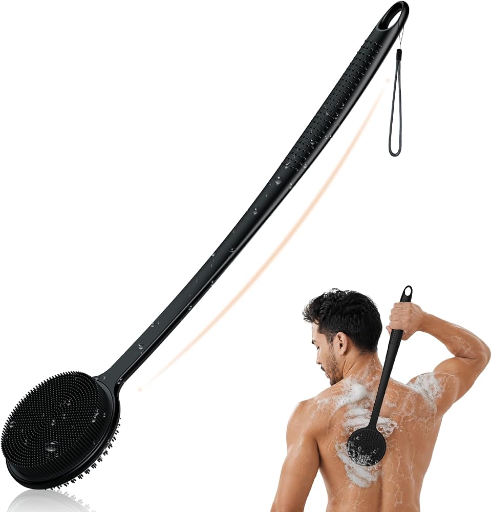 Silicone Back Scrubber for Shower, 17in Lengthen Long Handle Body Brush, Double Sided Shower Brush for Shower Exfoliating and