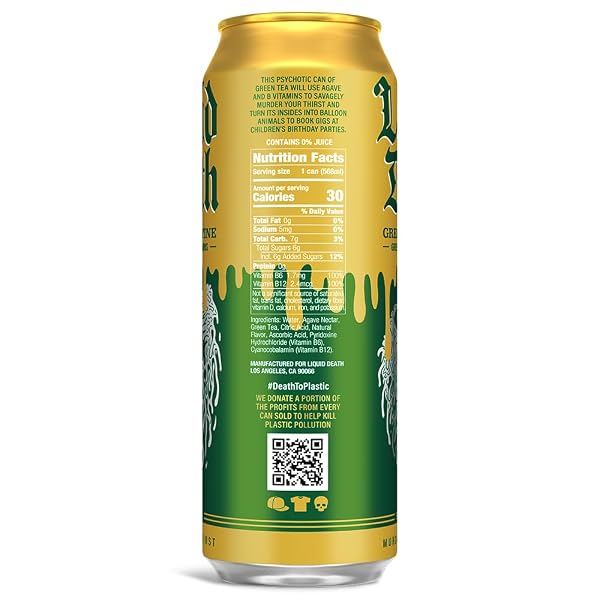 LIQUID DEATH, GREEN GUILLOTINE ICED TEA, 8-PACK (19.2OZ CANS), GREEN TEA, LOW CALORIE, NO ARTIFICIAL SWEETENERS, B12 & B6 VITAMINS