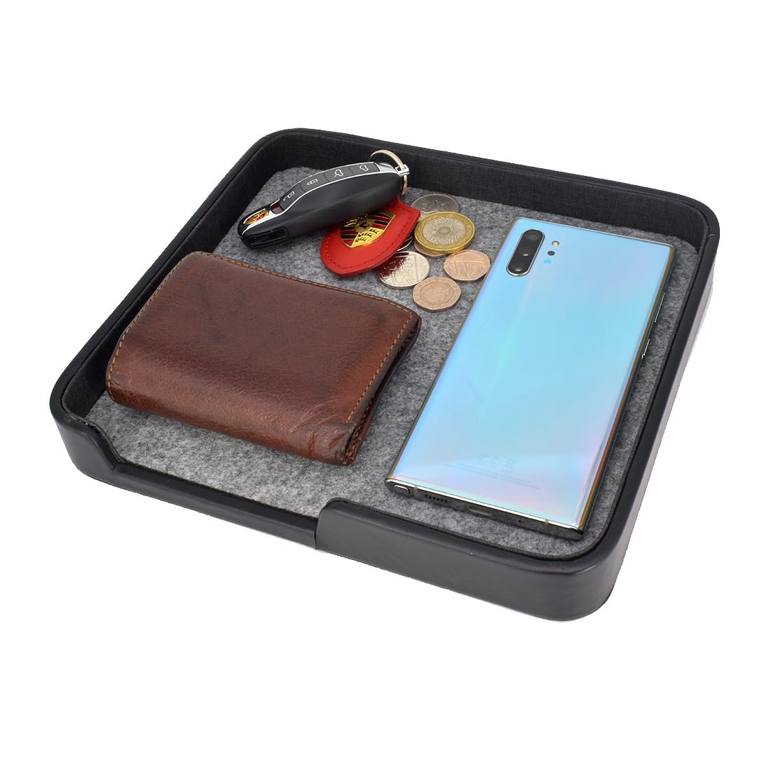 Connected Essentials Valet Tray Desktop Storage Organiser, Black Vegan Leather Catchall EDC Dresser and Nightstand Tray for Keys, Watch, Wallet, Jewellery & Remotes - CEG-40