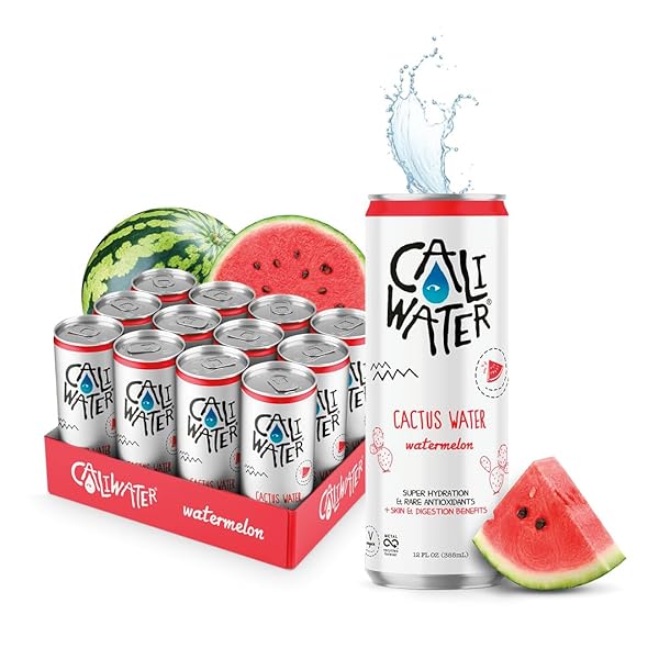 CALIWATER – ORGANIC CACTUS WATER – WATERMELON – 5G SUGAR, 35 CALORIES – HALF SUGAR OF COCONUT WATER – NATURAL PLANT BASED HYDRATION – SKIN CARE, ELECTROLYTE DRINKS – FLAVORED WATER BEVERAGES – 12 CANS