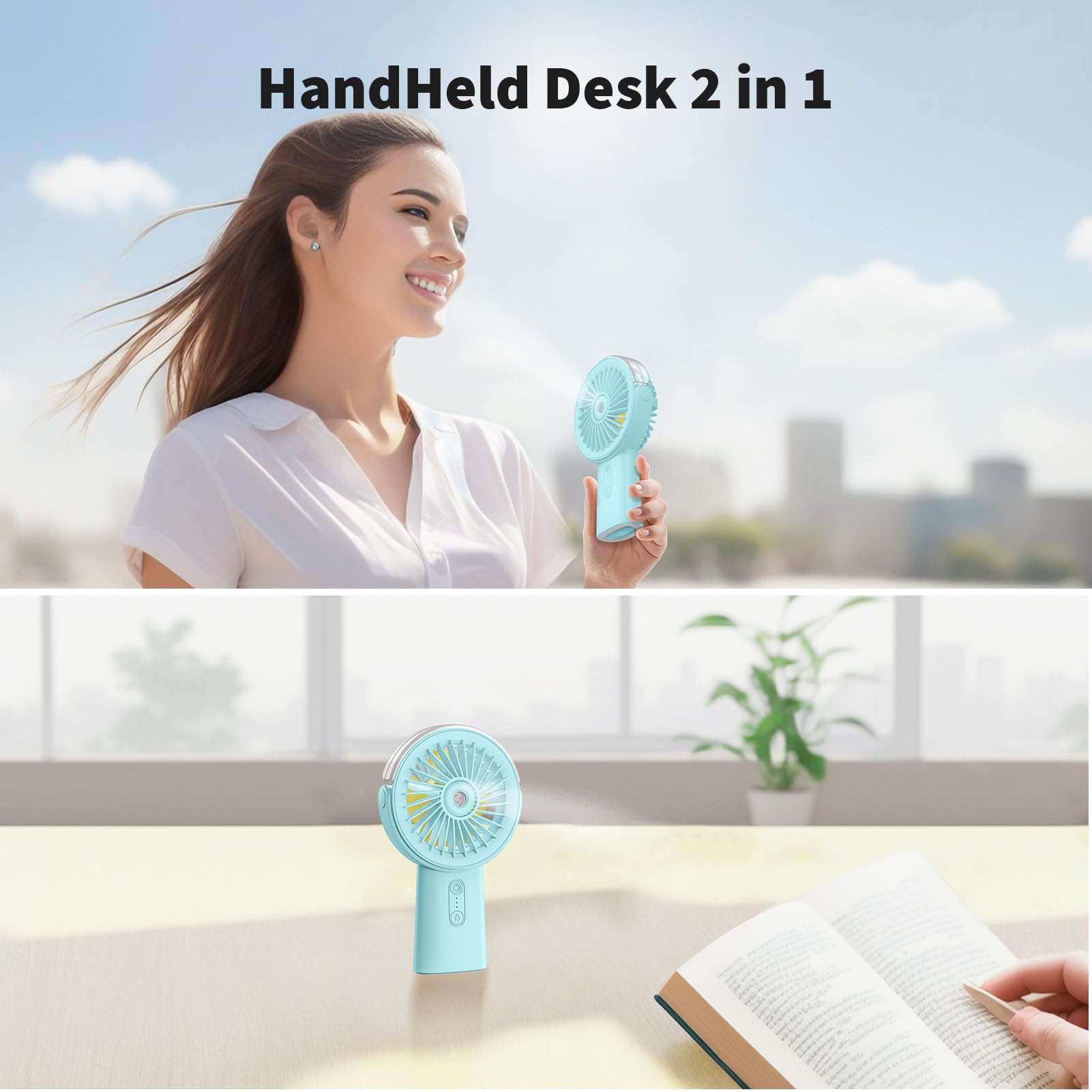 Otlonpe Handheld Misting Fan Portable, 4000mAh Rechargeable Small Personal Water Spray Hand Held Mist Fan Battery Operated, 90° Rotatable, Power Bank for Travel Home Office Men Women Kids (Blue)