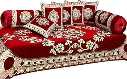 Gurnoor 500 TC Chenille Velvet Geometric Floral Diwan Set (Set of 8)