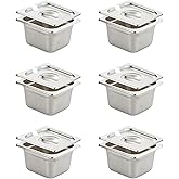 HECMAC 6 Pack Anti-Jam Hotel Pan with Notched Lid, 1/6 Size 4 Inch Deep, Heavy Duty, Commercial Stainless Steel Chafing Steam Table Pan, 23 Gauge