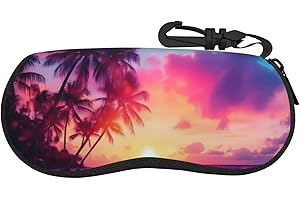 Nuzjahu Tropical Palm Trees on the Beach Print Eyeglasses Case Soft Neoprene Sunglasses Case with Keychain Clip, Portable Gla