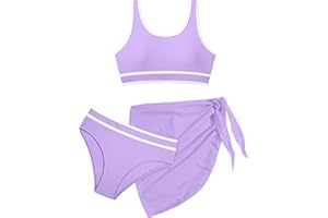 MELEYISH Girls Swimsuit Double Strap High Waist Sporty Bikini Swimsuits Swim Cover Up Skirt 3 Piece Set