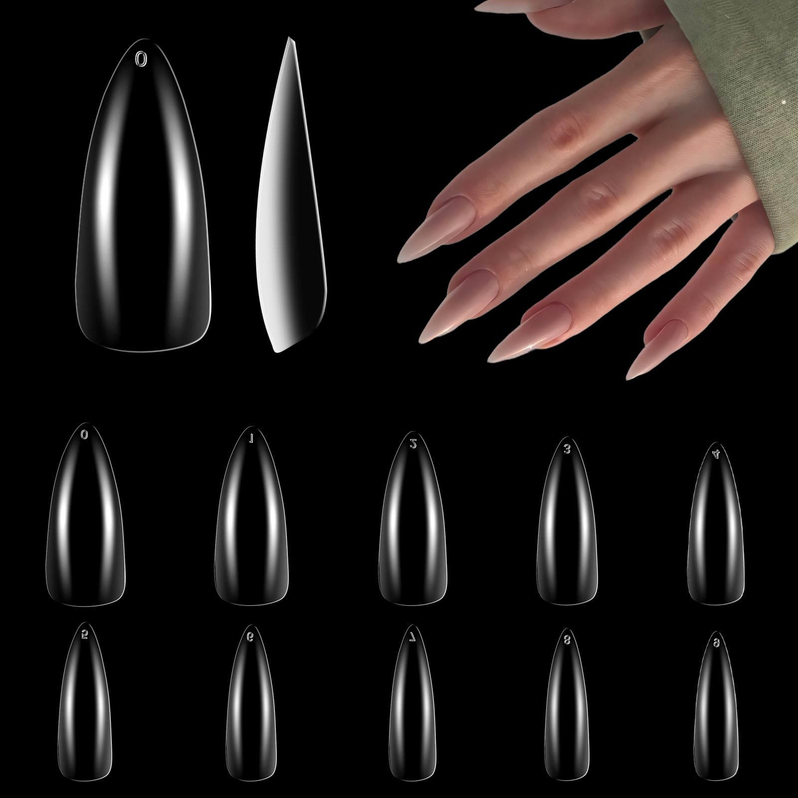 500pcs False Fake Nail Tips Almond Full Cover Medium for Acrylic Gel, LEA-SHALL Clear Stiletto Nail French Transparent Artificial Nails Press On Nail Extension Kit Set Pointed 10 Sizes