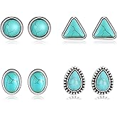 RLHRNDE Turquoise Stud Earrings Set for Women Exquisite Boho Small Geometric Square Oval Round Flower Earrings Handmade Gemstone Turquoise Earrings Jewelry Gifts