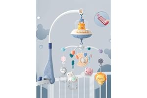 BSROLUNA Baby Crib Mobile with Music and Lights, Baby Mobile for Crib with Remote Control, Hanging Rotating Animals Rattles, 16 Songs and Timing Function, Cartoon Baby Crib Toys for Boys (Baby Blue)