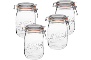 Le Parfait Super Jar, Canning Jars, 1L French Glass Canning Jar w/Round Body, Glass Jars With Airtight Lid, Canning Jars Wide Mouth, Glass Jar With Lid, Clear Jars, Clear Glass Jars (32oz/Quart, 4 pk)